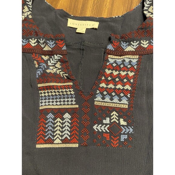 Boho Navy Blue Dress Embroidered Boho Sz Medium Peasant Hippie Short Sleeve Midi - Picture 7 of 16